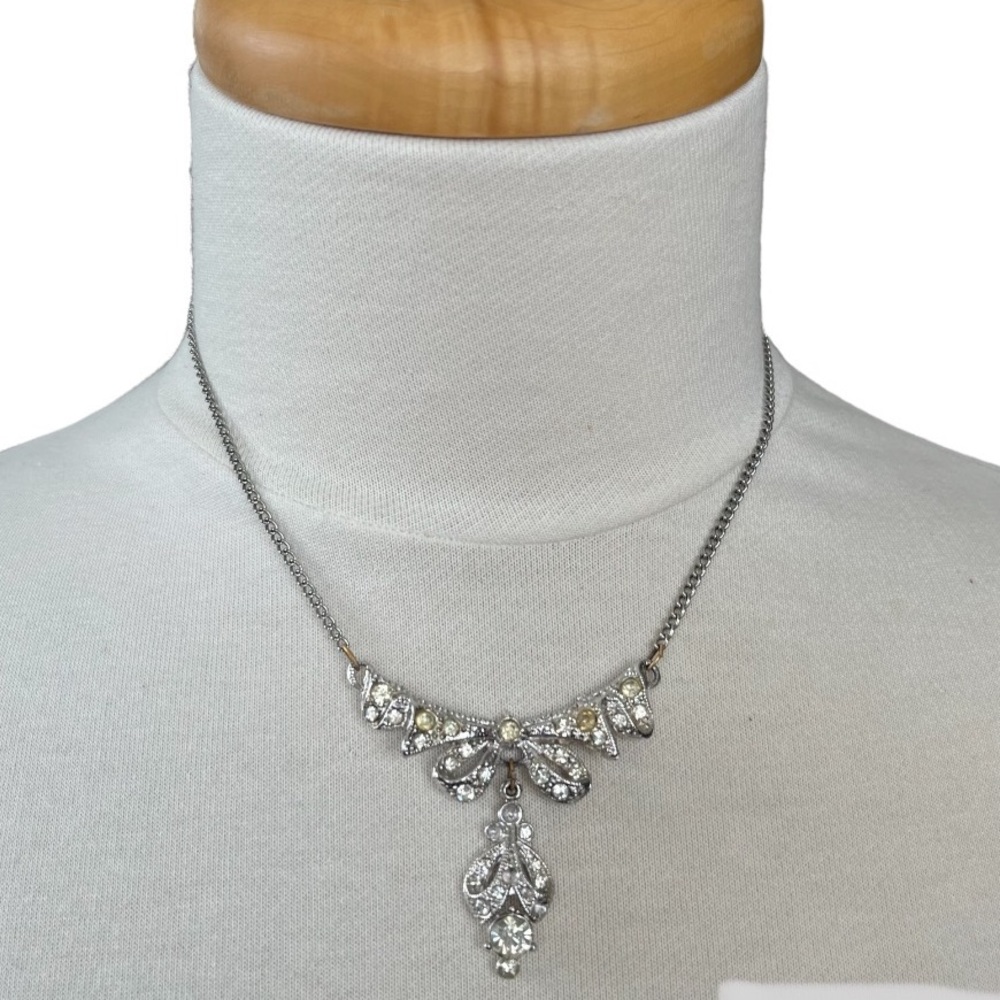 Vintage Necklace Statement Ribbon Bow Silver Tone Coquette Sparkly